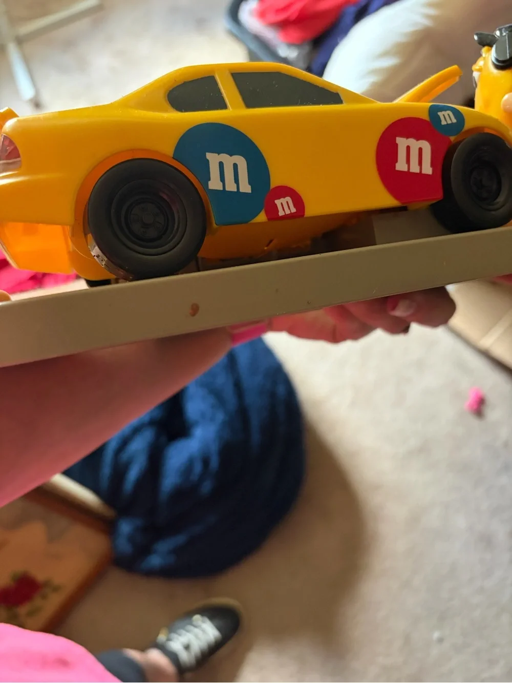 M&M'S Yellow Toy Race Car with Red & Blue M&M Decals and Character Figures